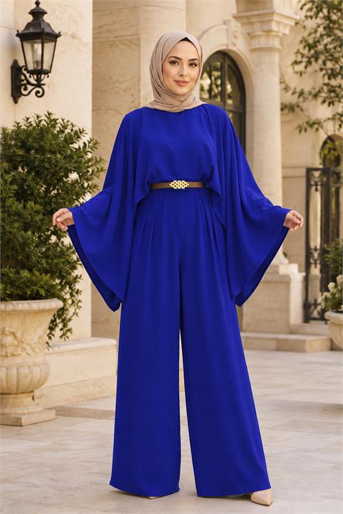 Neşeli butik kadın saks gold kemer detaylı çıkarılabilir pelerinli krep kumaş tesettür tulum NBTLM001 