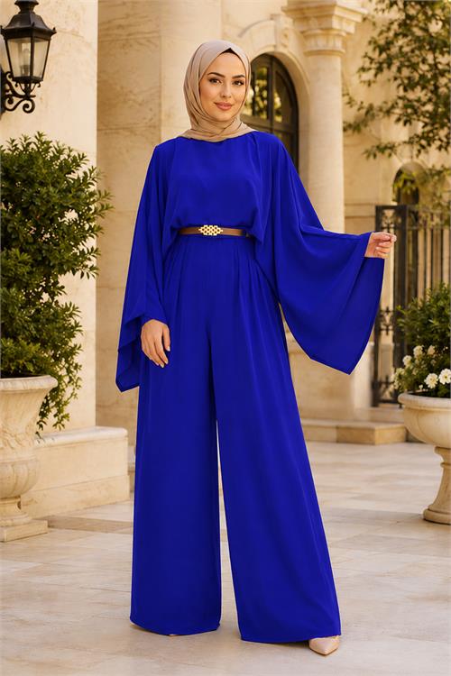Neşeli butik kadın saks gold kemer detaylı çıkarılabilir pelerinli krep kumaş tesettür tulum NBTLM001 