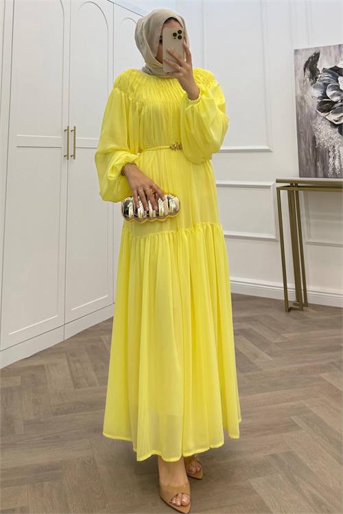 Neşeli butik kadın sarı balon kol astarlı kuşak detaylı şifon tesettür elbise ---- NMS095 