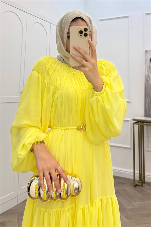 Neşeli butik kadın sarı balon kol astarlı kuşak detaylı şifon tesettür elbise ---- NMS095 