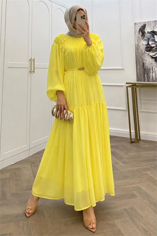 Neşeli butik kadın sarı balon kol astarlı kuşak detaylı şifon tesettür elbise ---- NMS095 