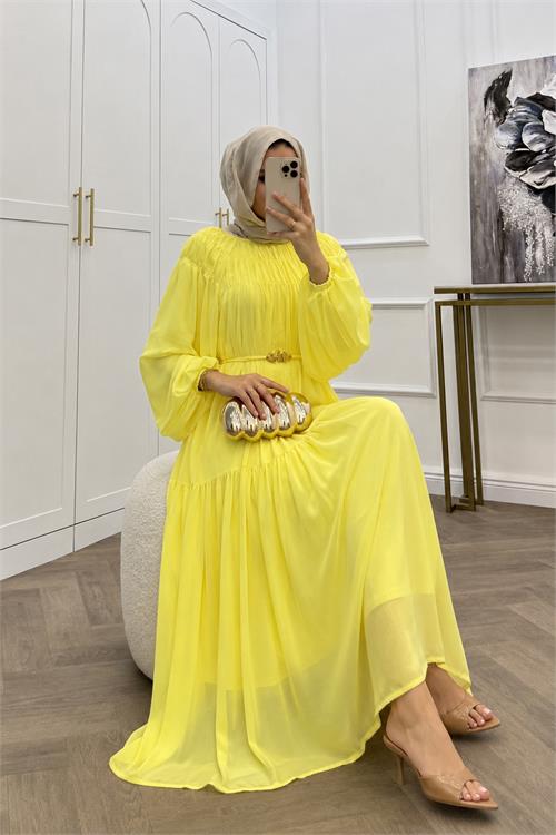 Neşeli butik kadın sarı balon kol astarlı kuşak detaylı şifon tesettür elbise ---- NMS095 