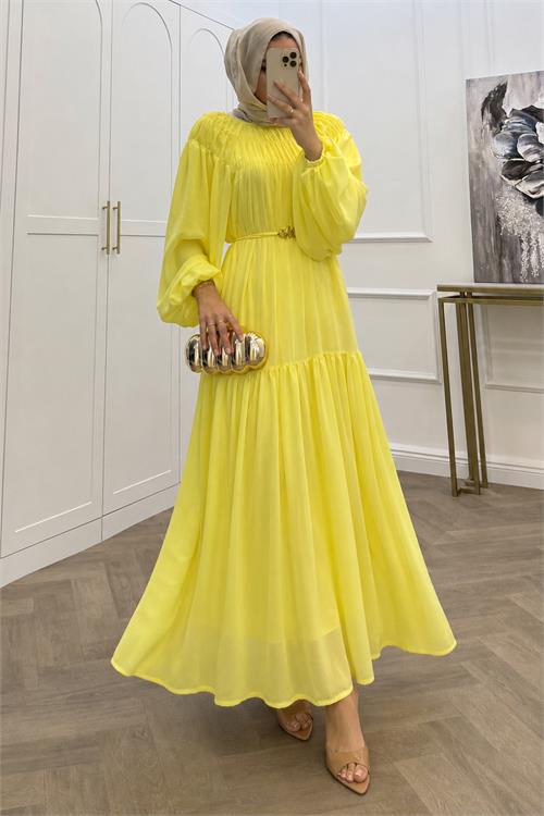 Neşeli butik kadın sarı balon kol astarlı kuşak detaylı şifon tesettür elbise ---- NMS095 