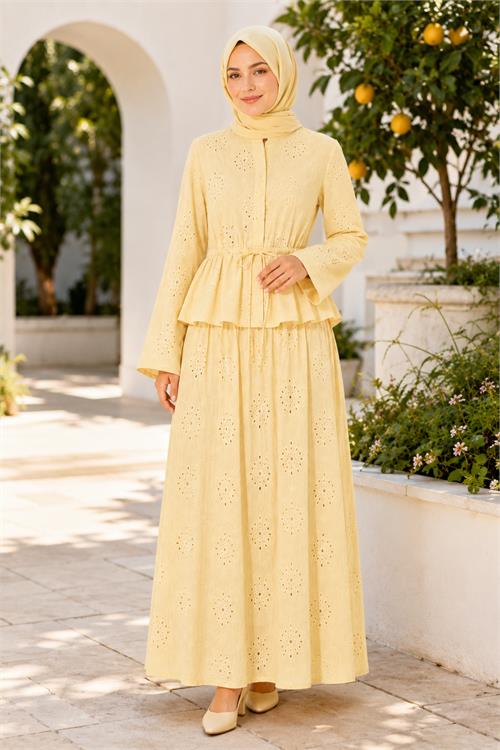 Neşeli butik kadın sarı brodeli bel lastikli etek bluz tesettür takım NBELB013 