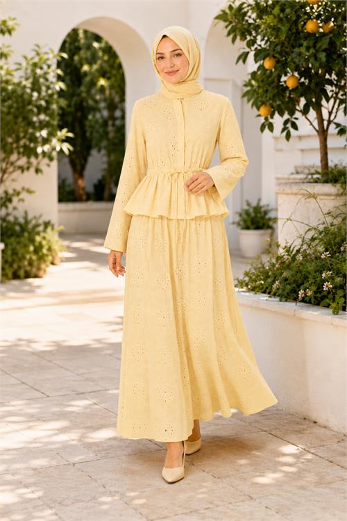 Neşeli butik kadın sarı brodeli bel lastikli etek bluz tesettür takım NBELB013 