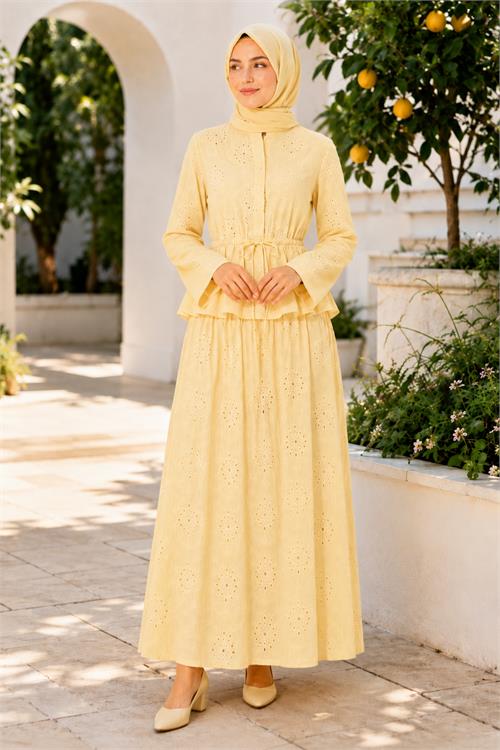 Neşeli butik kadın sarı brodeli bel lastikli etek bluz tesettür takım NBELB013 