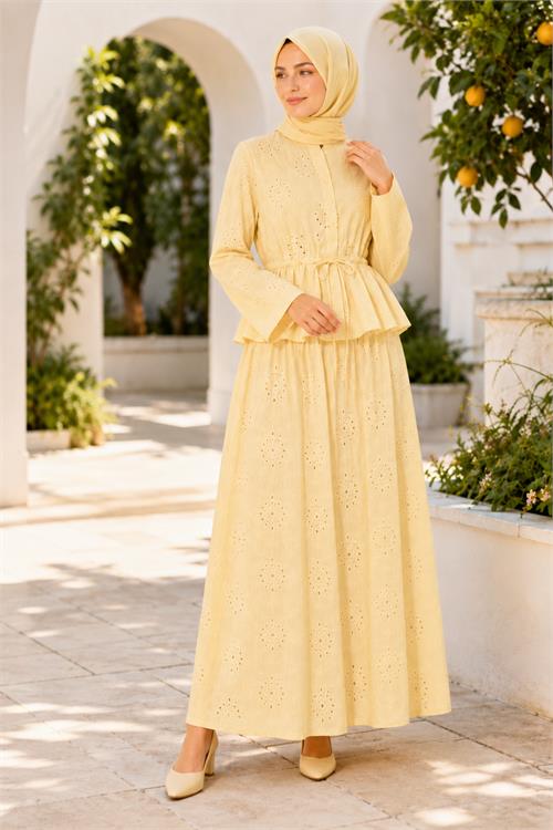 Neşeli butik kadın sarı brodeli bel lastikli etek bluz tesettür takım NBELB013 