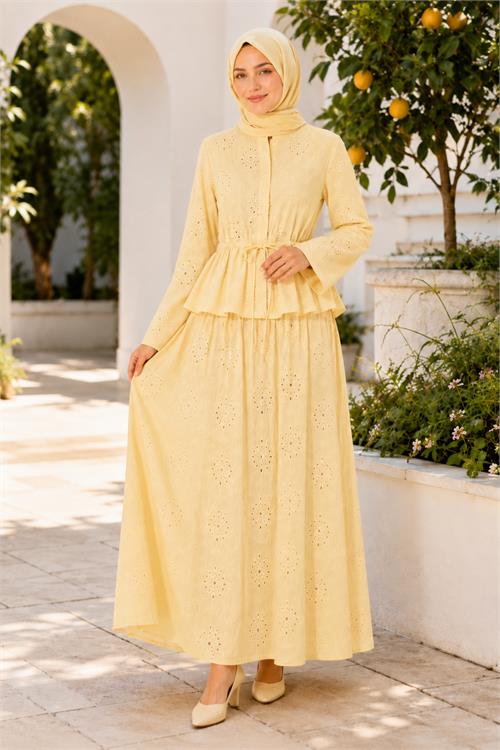 Neşeli butik kadın sarı brodeli bel lastikli etek bluz tesettür takım NBELB013 