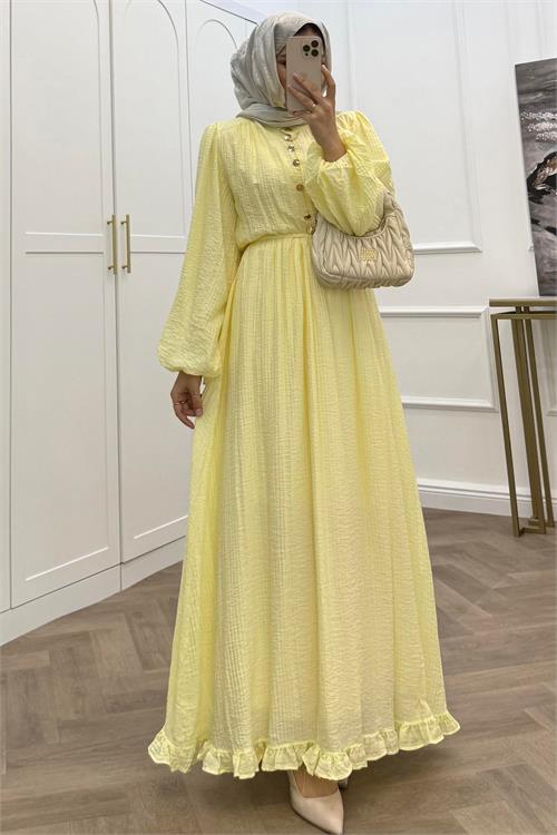 Neşeli butik kadın sarı eteği fırfırlı düğme detaylı pamuklu salaş tesettür elbise NMS086 