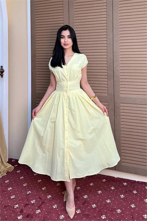 Neşeli butik kadın sarı feminen kesim bel detaylı düğmeli midi boy elbise NBMY3924 
