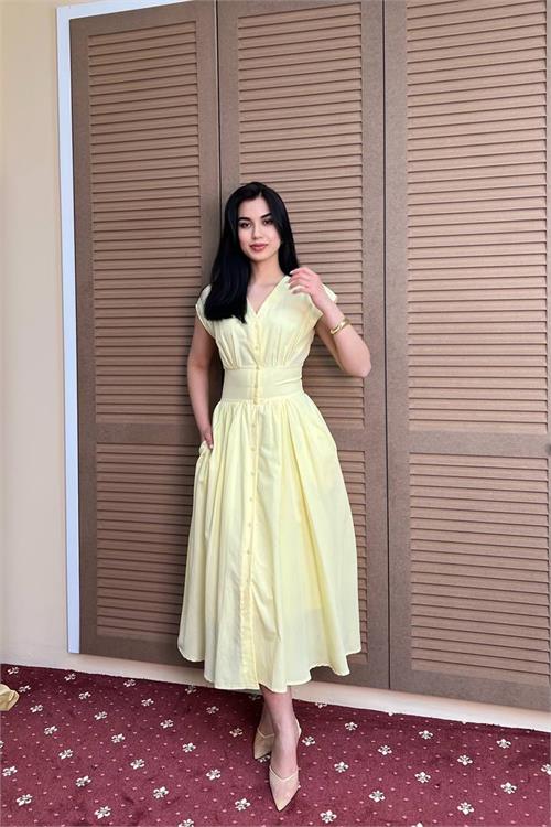 Neşeli butik kadın sarı feminen kesim bel detaylı düğmeli midi boy elbise NBMY3924 