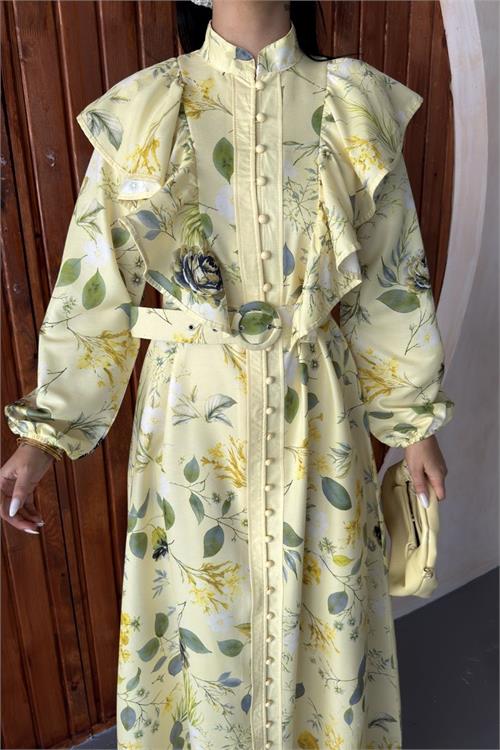 Neşeli butik kadın sarı fırfır detaylı çiçek desenli atlas kumaş düğmeli tasarım elbise NBMS26102 