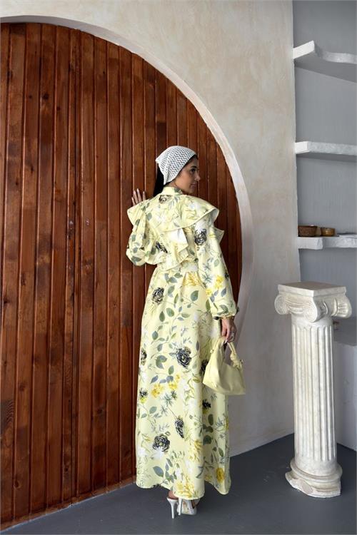 Neşeli butik kadın sarı fırfır detaylı çiçek desenli atlas kumaş düğmeli tasarım elbise NBMS26102 
