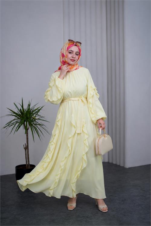 Neşeli butik kadın sarı fırfırlı kuşak detaylı yazlık premium tesettür elbise --- NBVQ3150 
