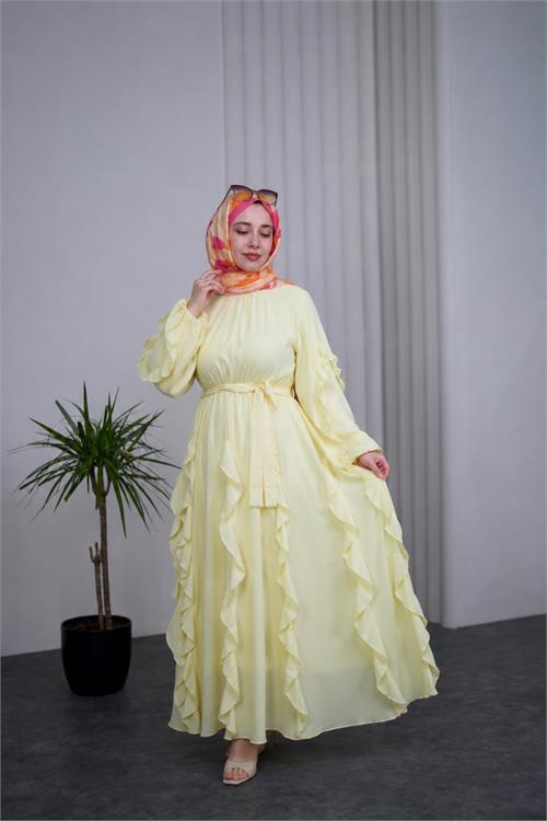 Neşeli butik kadın sarı fırfırlı kuşak detaylı yazlık premium tesettür elbise --- NBVQ3150 
