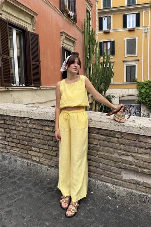 Neşeli butik kadın sarı kalın askılı crop bağcıklı pantolon ikili yazlık takım NBNP033 