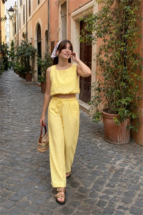 Neşeli butik kadın sarı kalın askılı crop bağcıklı pantolon ikili yazlık takım NBNP033 