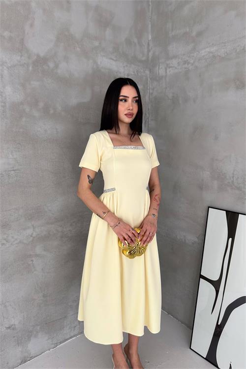 Neşeli butik kadın sarı kare yaka taş detaylı etek drapeli midi boy elbise ---- NBK4621 