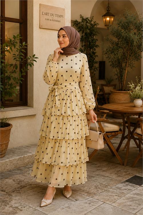 Neşeli butik kadın sarı kat kat puantiye desenli kuşaklı premium tesettür elbise --- NBVQ4963 