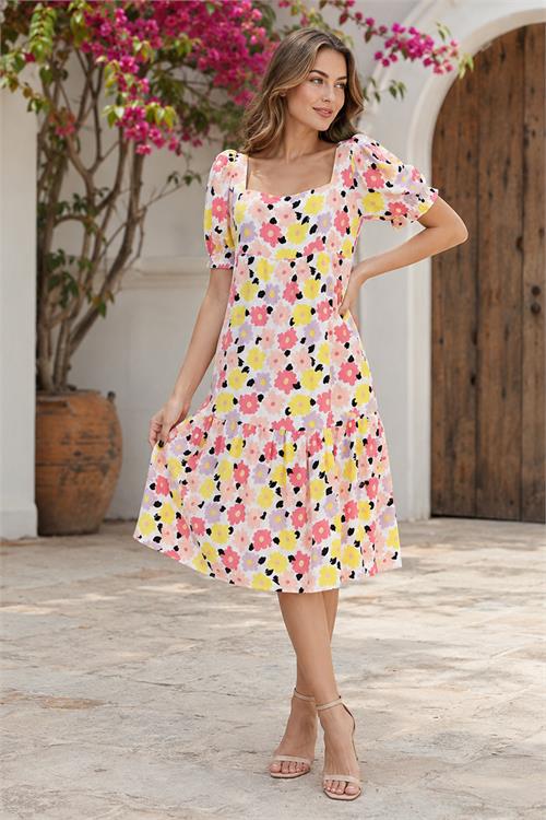 Neşeli butik kadın sarı midi boy çiçek desenli kare yaka yazlık viskon elbise NBELB12 