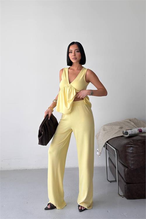 Neşeli butik kadın sarı modal kumaş volanlı atlet geniş paça pantolon yazlık ikili takım NBG132 