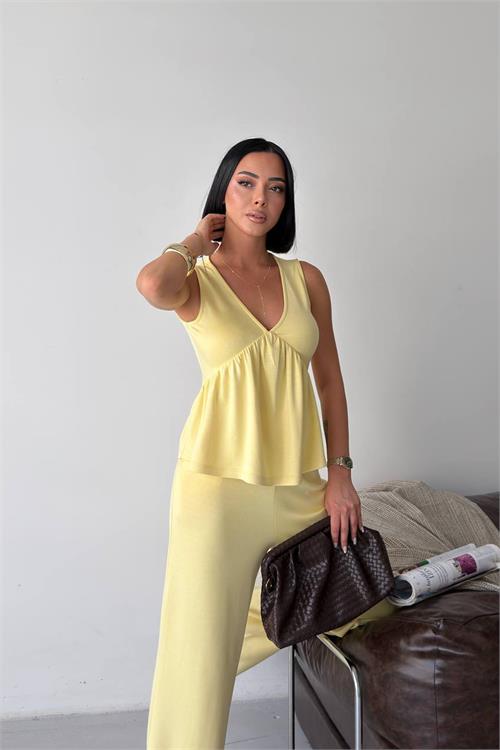 Neşeli butik kadın sarı modal kumaş volanlı atlet geniş paça pantolon yazlık ikili takım NBG132 