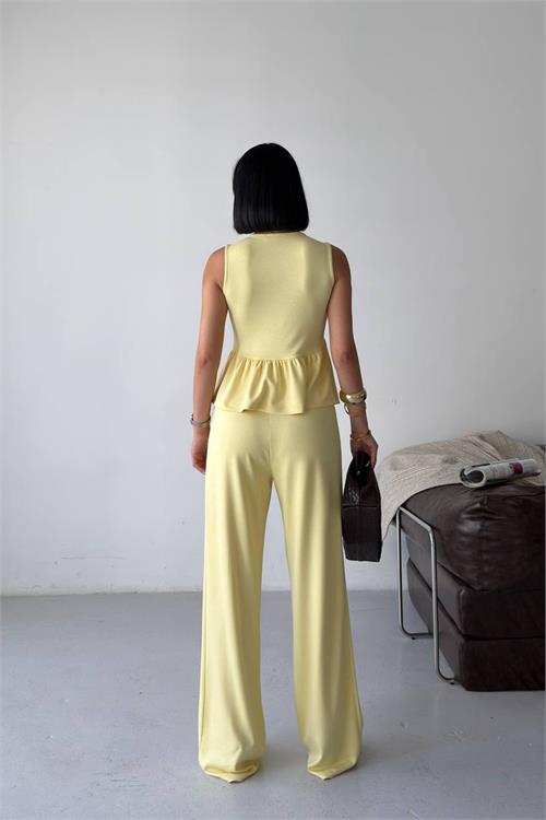Neşeli butik kadın sarı modal kumaş volanlı atlet geniş paça pantolon yazlık ikili takım NBG132 