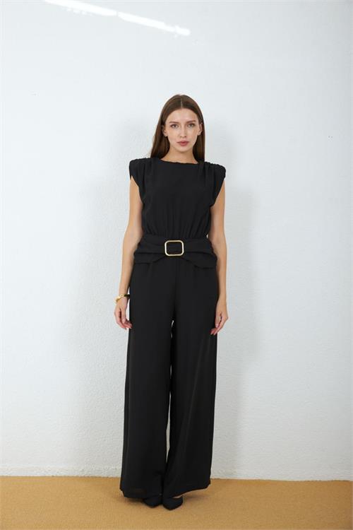 Neşeli butik kadın siyah bel drapeli kemer detaylı sıfır kol tam boy tulum NBMY4043 