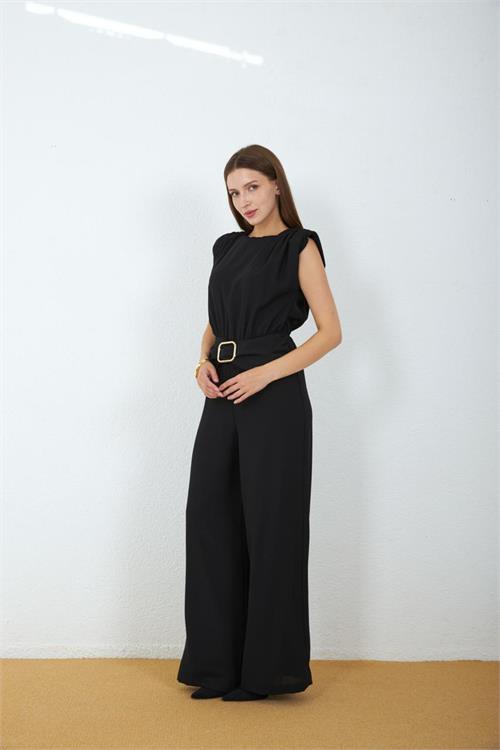 Neşeli butik kadın siyah bel drapeli kemer detaylı sıfır kol tam boy tulum NBMY4043 