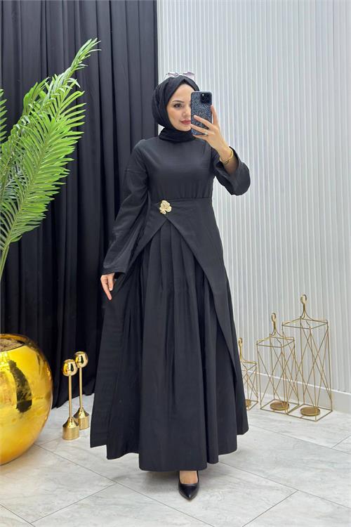 Neşeli butik kadın siyah broş detaylı drapeli tam boy tesettür elbise 