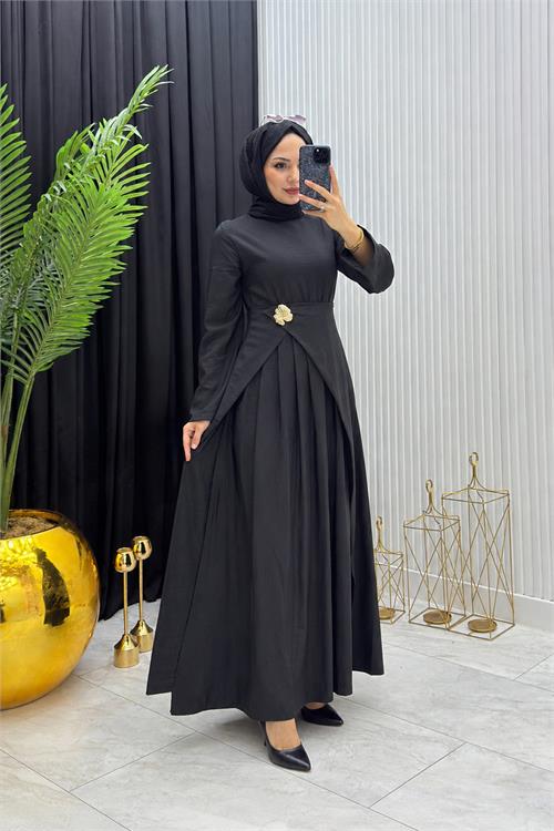 Neşeli butik kadın siyah broş detaylı drapeli tam boy tesettür elbise 