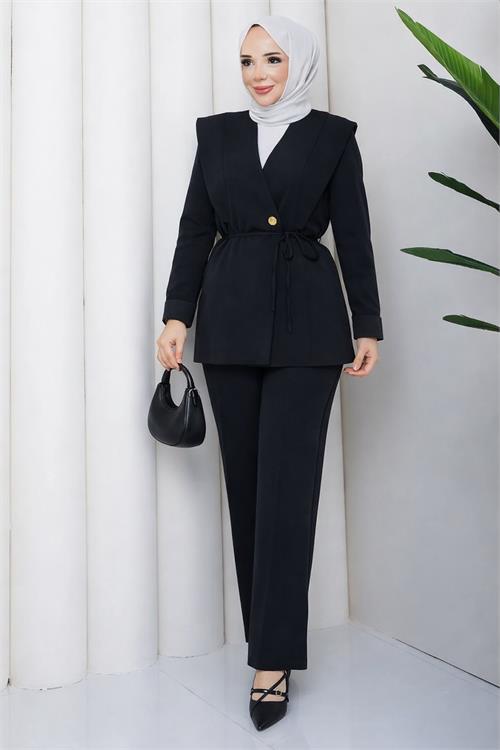 Neşeli butik kadın siyah büyük beden vatkalı gold düğme detaylı blazer ceket takımı NBFT008 