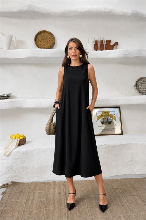 Neşeli butik kadın siyah cep detaylı kolsuz oversize yazlık elbise NBNP038 