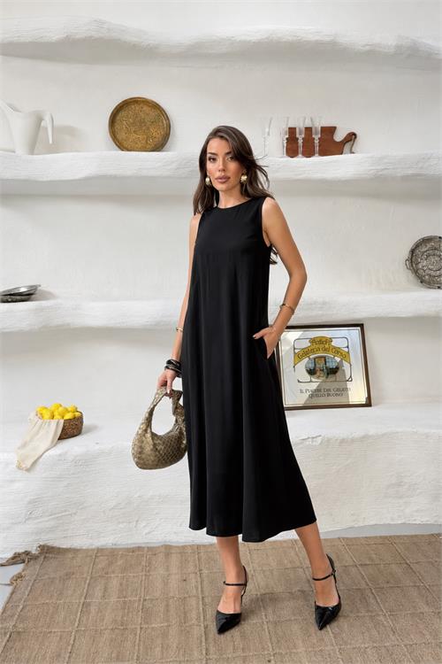 Neşeli butik kadın siyah cep detaylı kolsuz oversize yazlık elbise NBNP038 