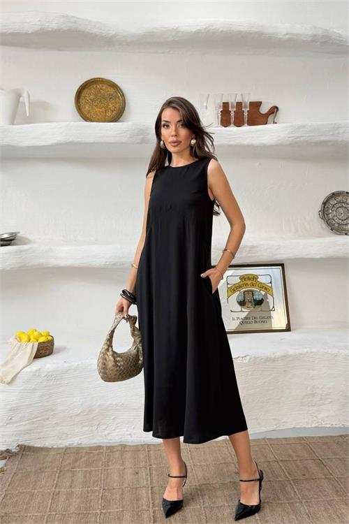 Neşeli butik kadın siyah cep detaylı kolsuz oversize yazlık elbise NBNP038 