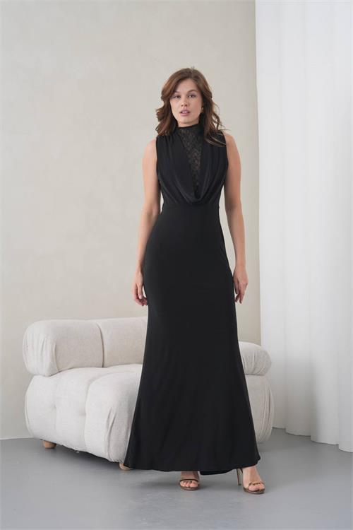 Neşeli butik kadın siyah degaje yaka dantel detaylı maxi boy abiye elbise NBS9385 
