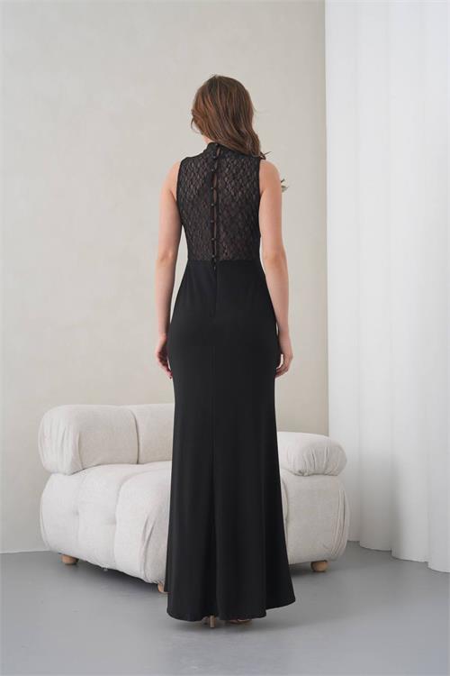 Neşeli butik kadın siyah degaje yaka dantel detaylı maxi boy abiye elbise NBS9385 