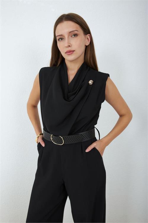 Neşeli butik kadın siyah degaje yaka kemerli kolsuz geniş paça tulum NBMY4030 