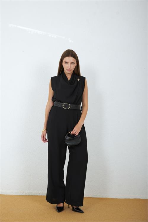 Neşeli butik kadın siyah degaje yaka kemerli kolsuz geniş paça tulum NBMY4030 