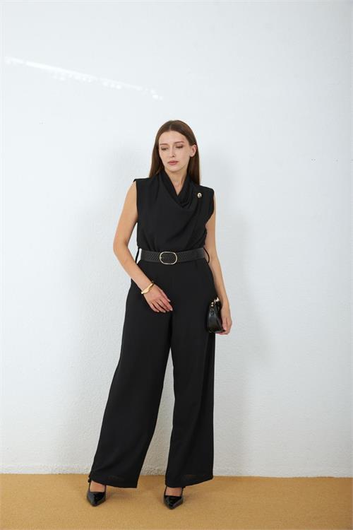 Neşeli butik kadın siyah degaje yaka kemerli kolsuz geniş paça tulum NBMY4030 