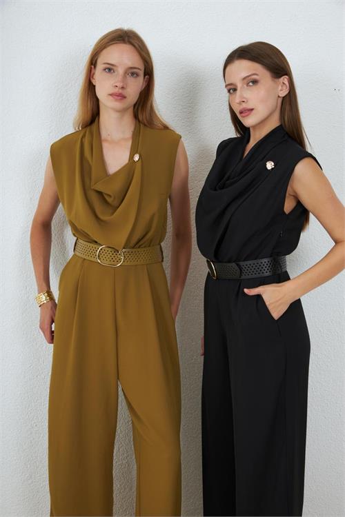 Neşeli butik kadın yeşil degaje yaka kemerli kolsuz geniş paça tulum NBMY4030 