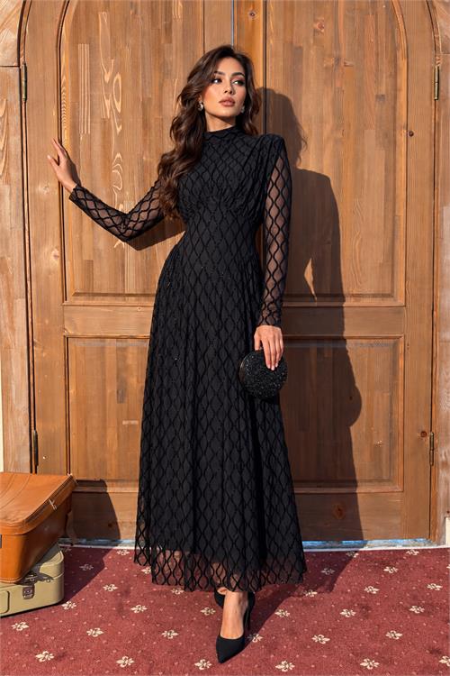 Neşeli butik kadın siyah dik yaka vatkalı ışıltılı tam boy elbise NBMY4184 