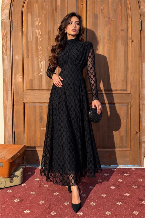 Neşeli butik kadın siyah dik yaka vatkalı ışıltılı tam boy elbise NBMY4184 