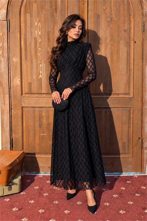 Neşeli butik kadın siyah dik yaka vatkalı ışıltılı tam boy elbise NBMY4184 