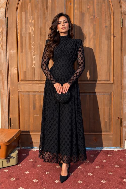 Neşeli butik kadın siyah dik yaka vatkalı ışıltılı tam boy elbise NBMY4184 