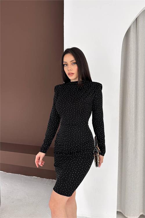 Neşeli butik kadın siyah dik yaka vatkalı taş detaylı mini elbise NBK5001 