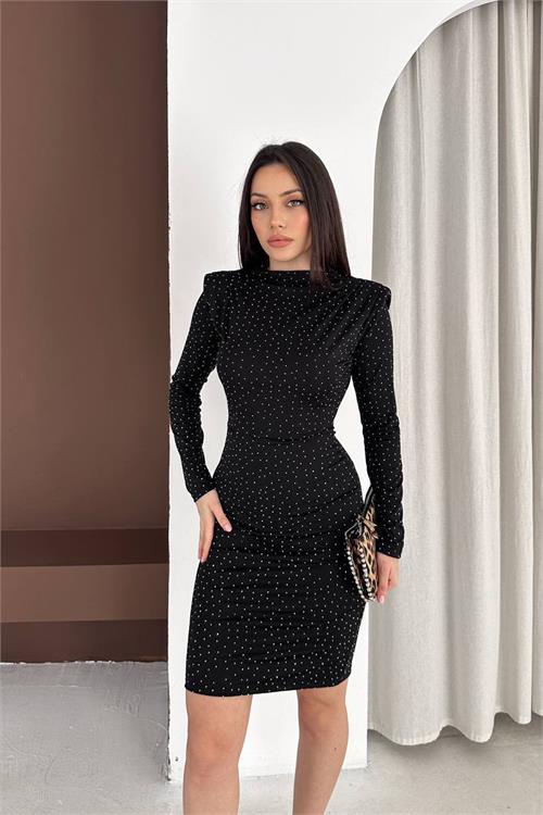 Neşeli butik kadın siyah dik yaka vatkalı taş detaylı mini elbise NBK5001 