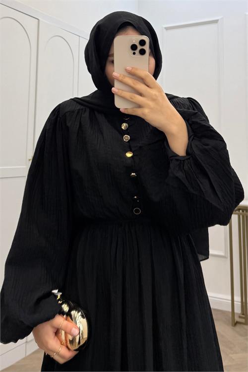 Neşeli butik kadın siyah eteği fırfırlı düğme detaylı pamuklu salaş tesettür elbise NMS086 