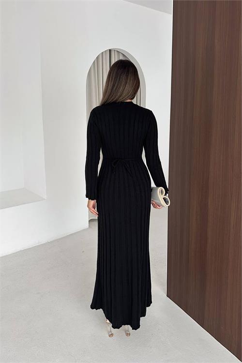 Neşeli butik kadın siyah fitilli triko tam boy standart beden arka bağlamalı elbise NBK2585 