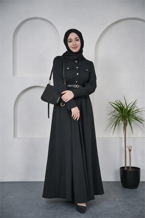 Neşeli butik kadın siyah gömlek yaka düğmeli kemer detaylı tesettür elbise NBVQ4652 